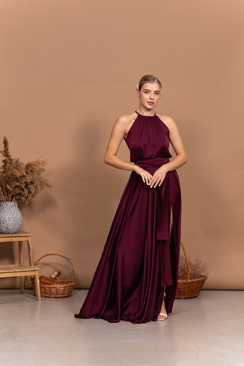Formal Long Satin Gown for Women – Wrap Style Evening Dress