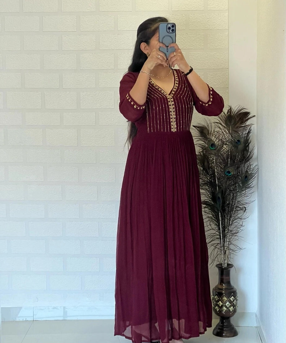 Full Stitched Traditional Wear Blooming Georgette Kurti Long Gown