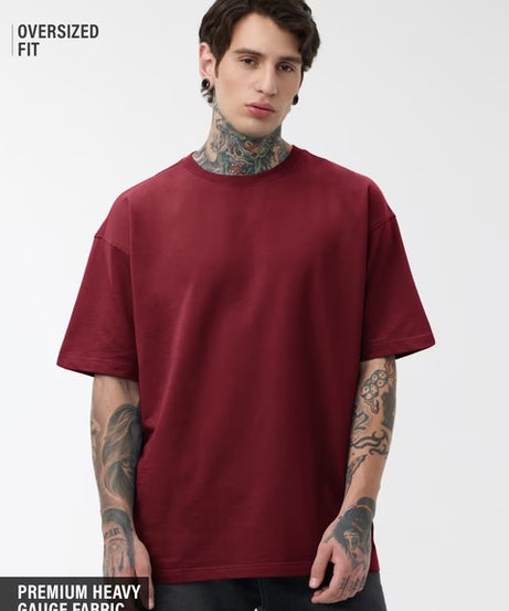 Solids Deep Red Oversized T-Shirts