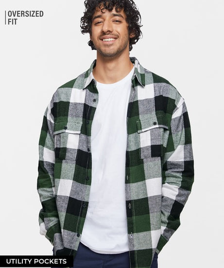 Plaid Green Black Men Utility Shirts