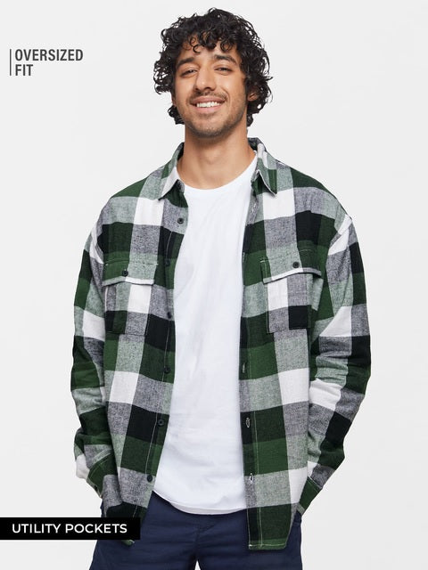 Plaid Green Black Men Utility Shirts
