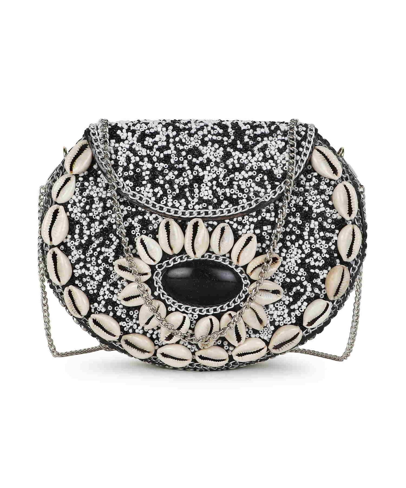 Mosaic Shell Embellished Metal Clutch