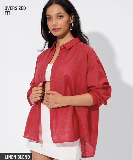 Cotton Linen  Red Women Boyfriend Shirts