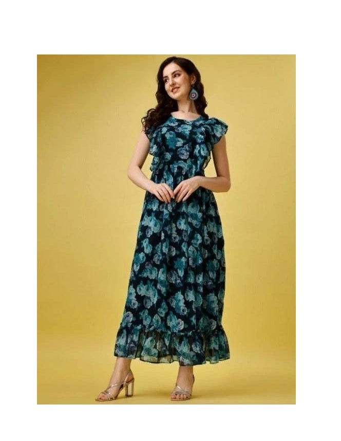Elegant Beautiful Georgette Printed Long Flared Dress Gown