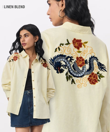 Cotton Linen Shirt  Dragon Women Boyfriend Shirts