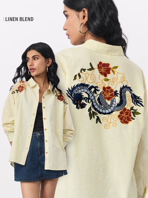 Cotton Linen  Dragon Women Boyfriend Shirts