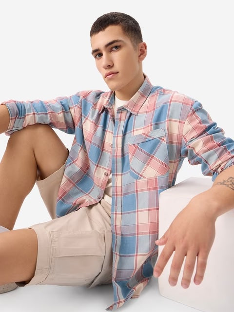 Plaid  Blue, White, Pink Men Relaxed Shirts