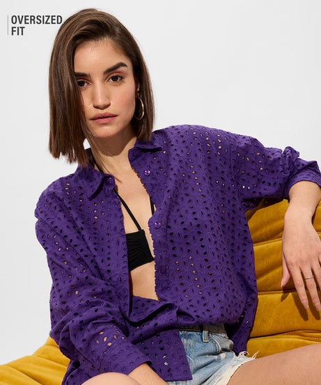 Cutwork Shirt  Purple Women Boyfriend Shirts