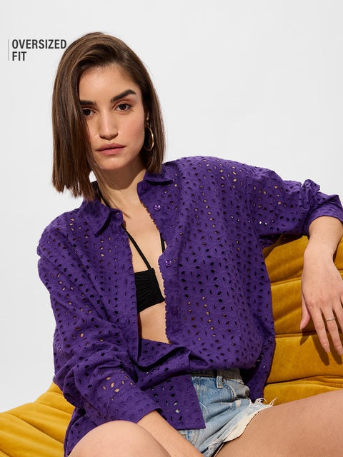 Cutwork Shirt  Purple Women Boyfriend Shirts