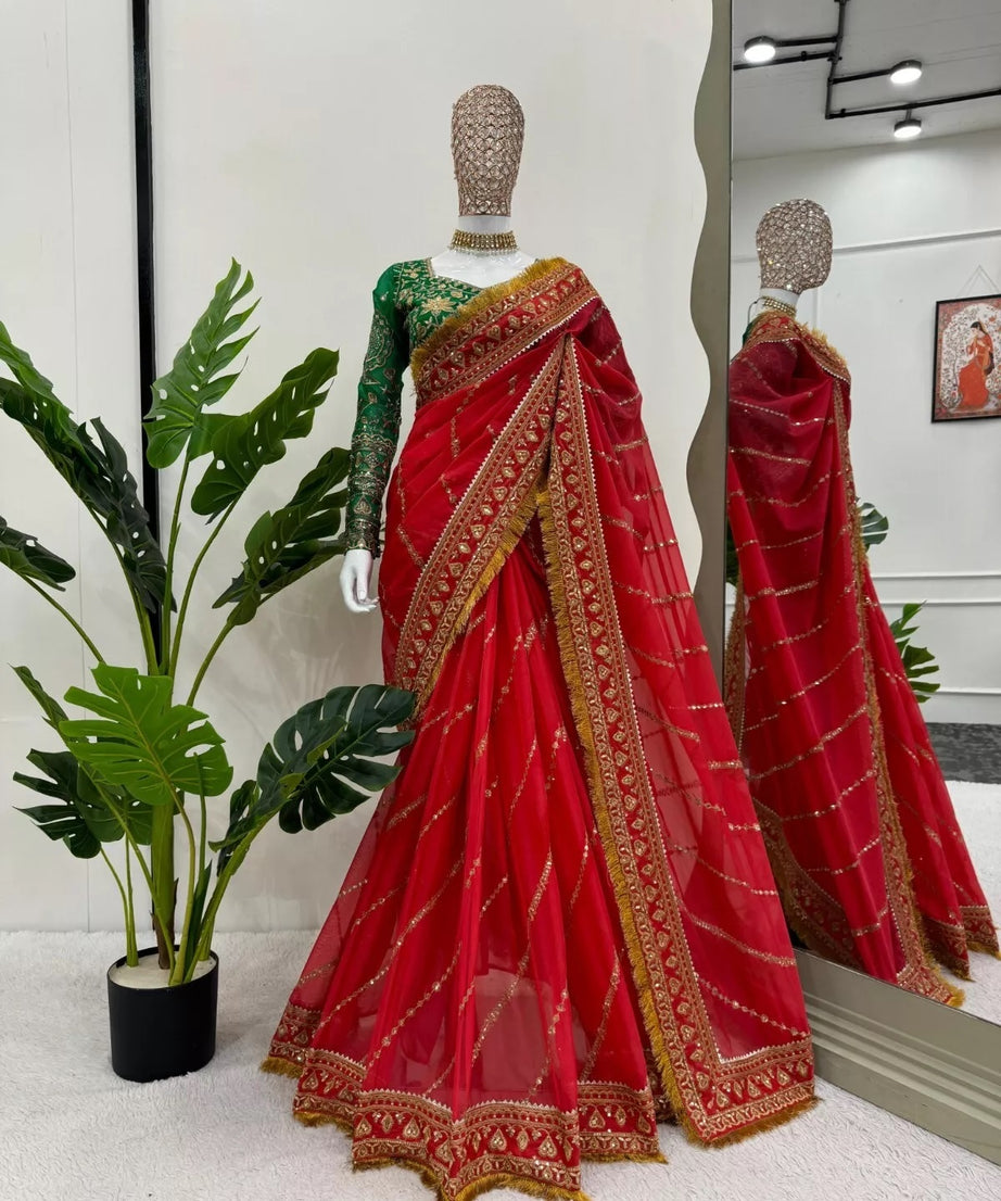 Red Organza Silk With  Sequence Work Sari Blouse