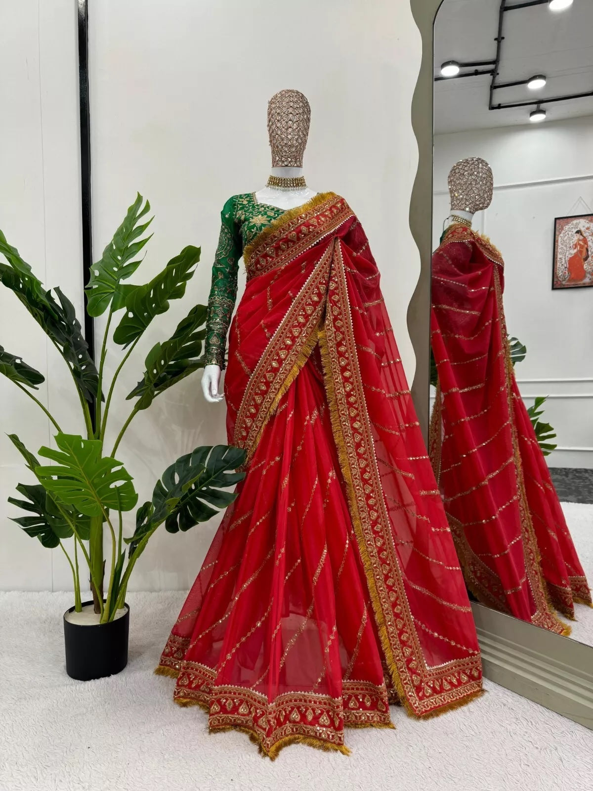 Red Organza Silk With  Sequence Work Sari Blouse