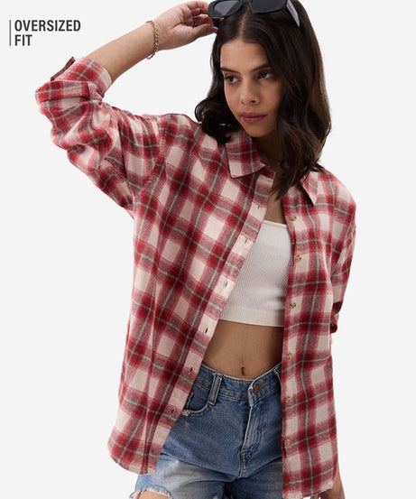 Plaid  Red, Brown and Cream Women Boyfriend Shirts
