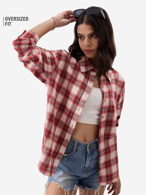 Plaid  Red, Brown and Cream Women Boyfriend Shirts