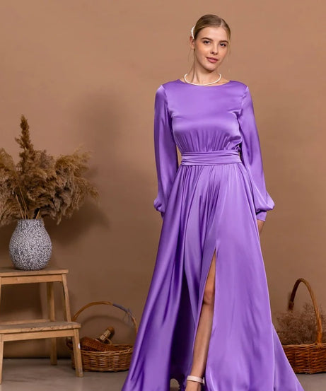 Purple Wedding Guest Dress Open Back Dress Long Slit Dress