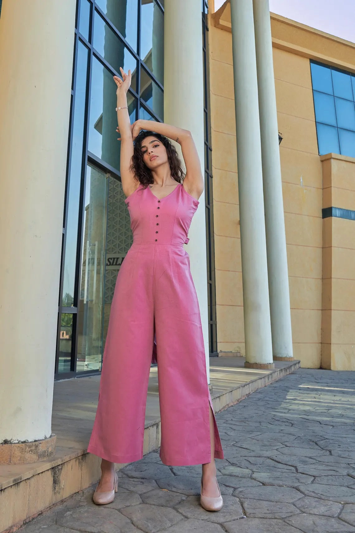 Linen Sleeveless Side Cut Women Jumpsuit