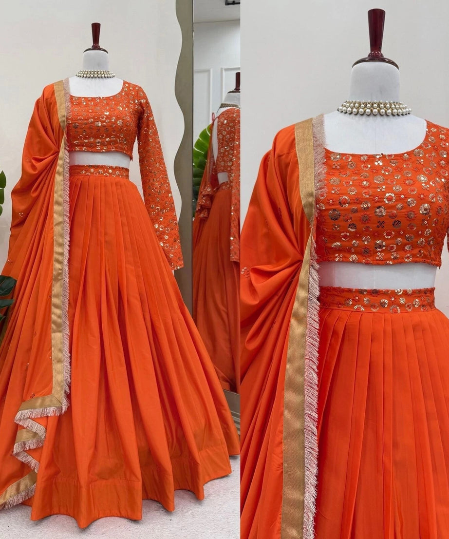 Orange Bollywood Wedding American Silk Lehenga Blouse & Dupatta 15-RTC