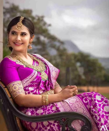 Red Violet Traditional Banarasi Soft Silk Saree With Blouse