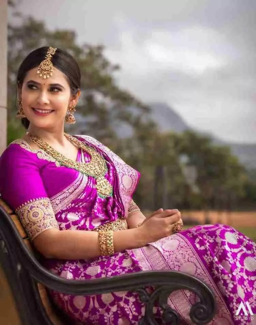 Red Violet Traditional Banarasi Soft Silk Saree With Blouse