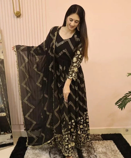 Fox Georgette With Embroidery Work With Full Sleeve Gown Bottom Dupatta Set