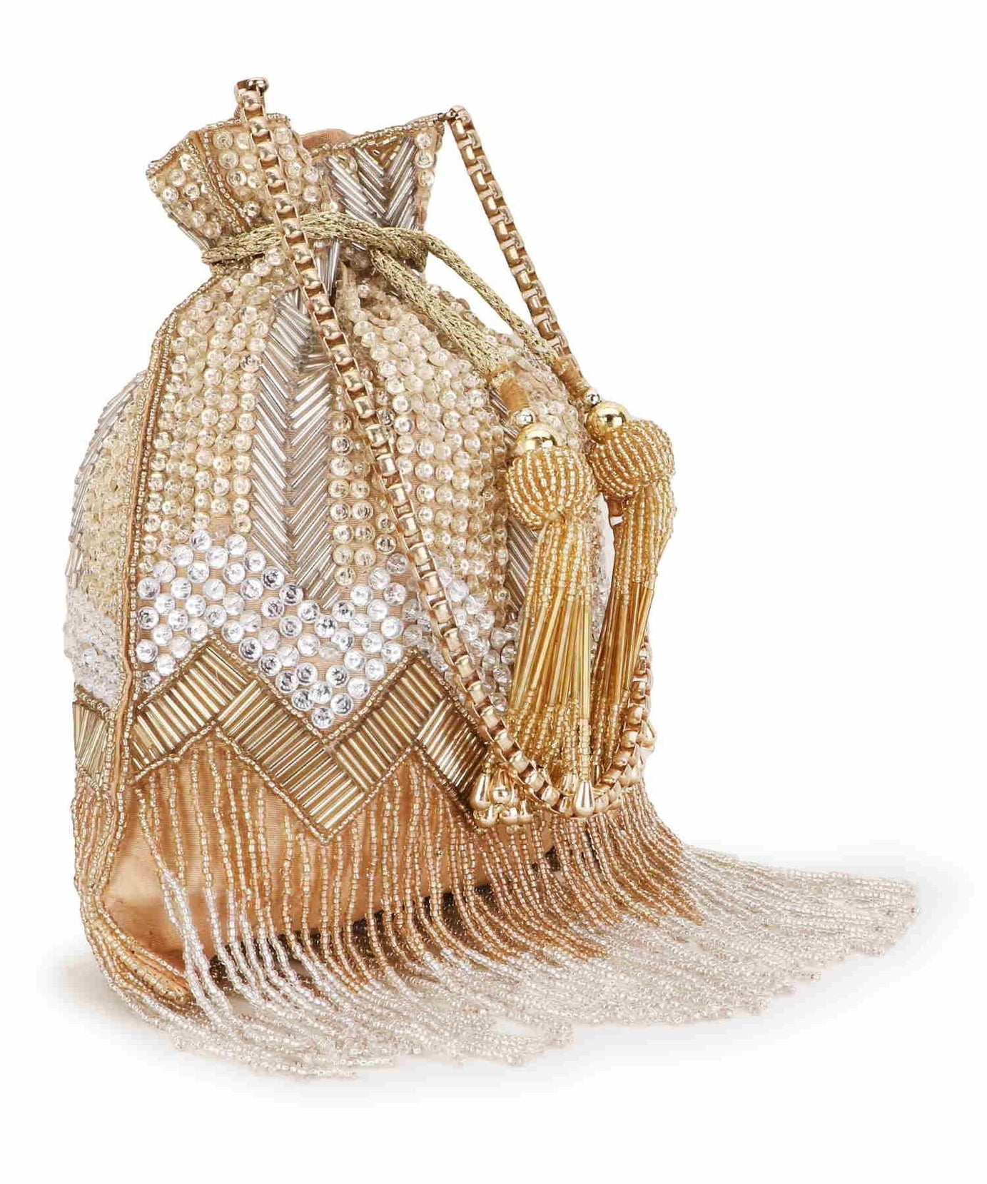 Dangle Chevron Embellished Faux Silk Potli Bag