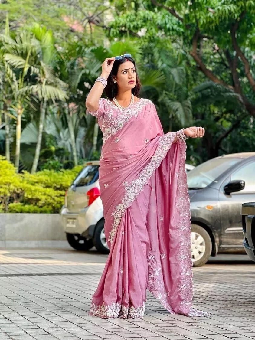 Pink Pure Chinon Silk With Embroidery Work Sari & Blouse