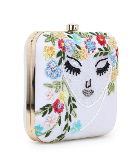 Faux Silk Sequined & Embellished Box Clutch