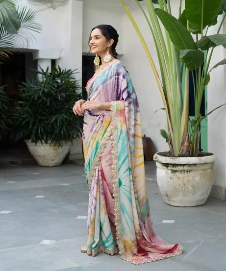 Soft Chinon Silk Printed Designer Sari With Blouse