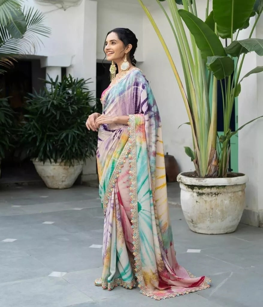 Soft Chinon Silk Printed Designer Sari With Blouse