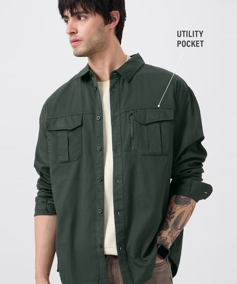 Dark Green Men Utility Shirts