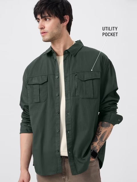 Dark Green Men Utility Shirts