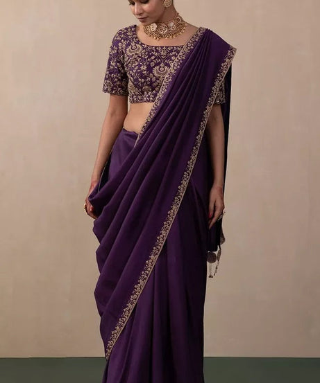 Two Tone Vichitra Silk  Multi Thread Embroidery Work Saree With Blouse