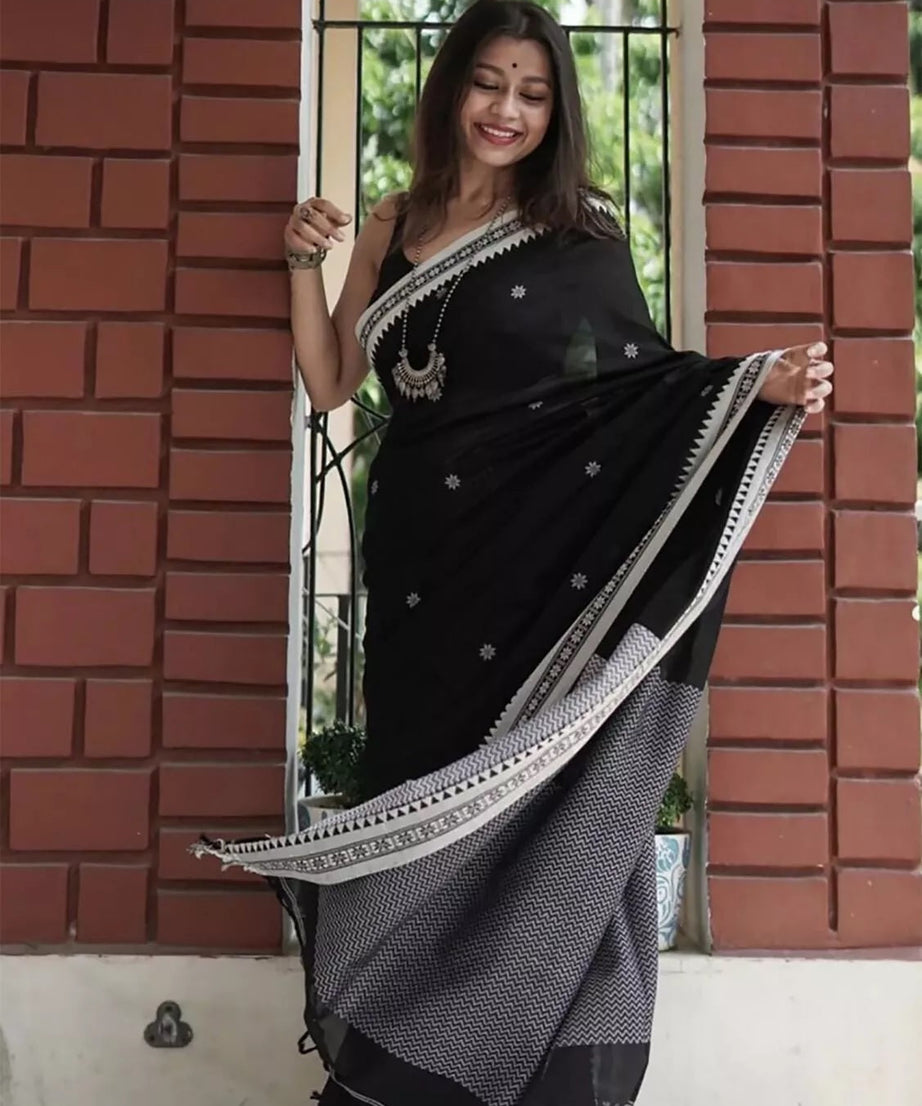 Black Soft Linen Slub Designer Saree,Classic Sari Blouse
