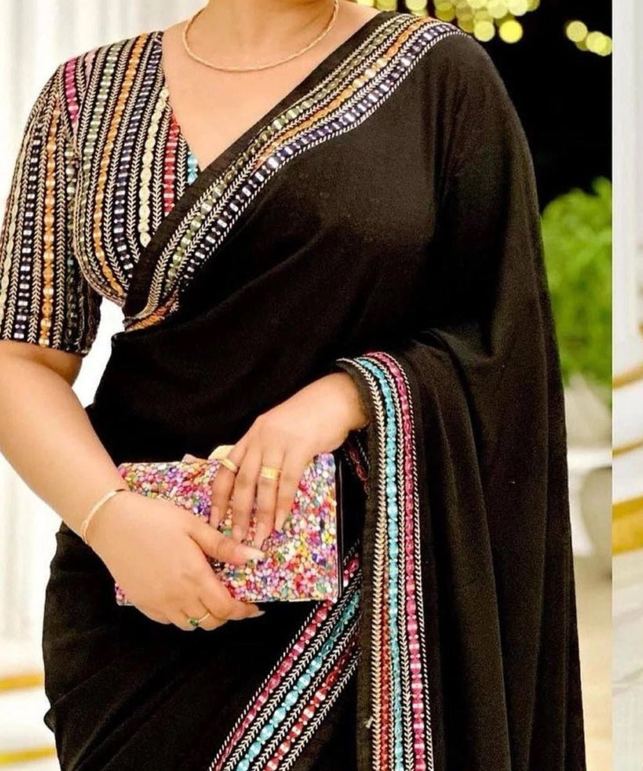 Beautifull Smooth Georgette Black Saree With Blouse For Women's