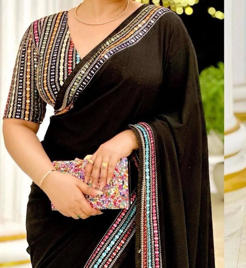 Beautifull Smooth Georgette Black Saree With Blouse For Women's