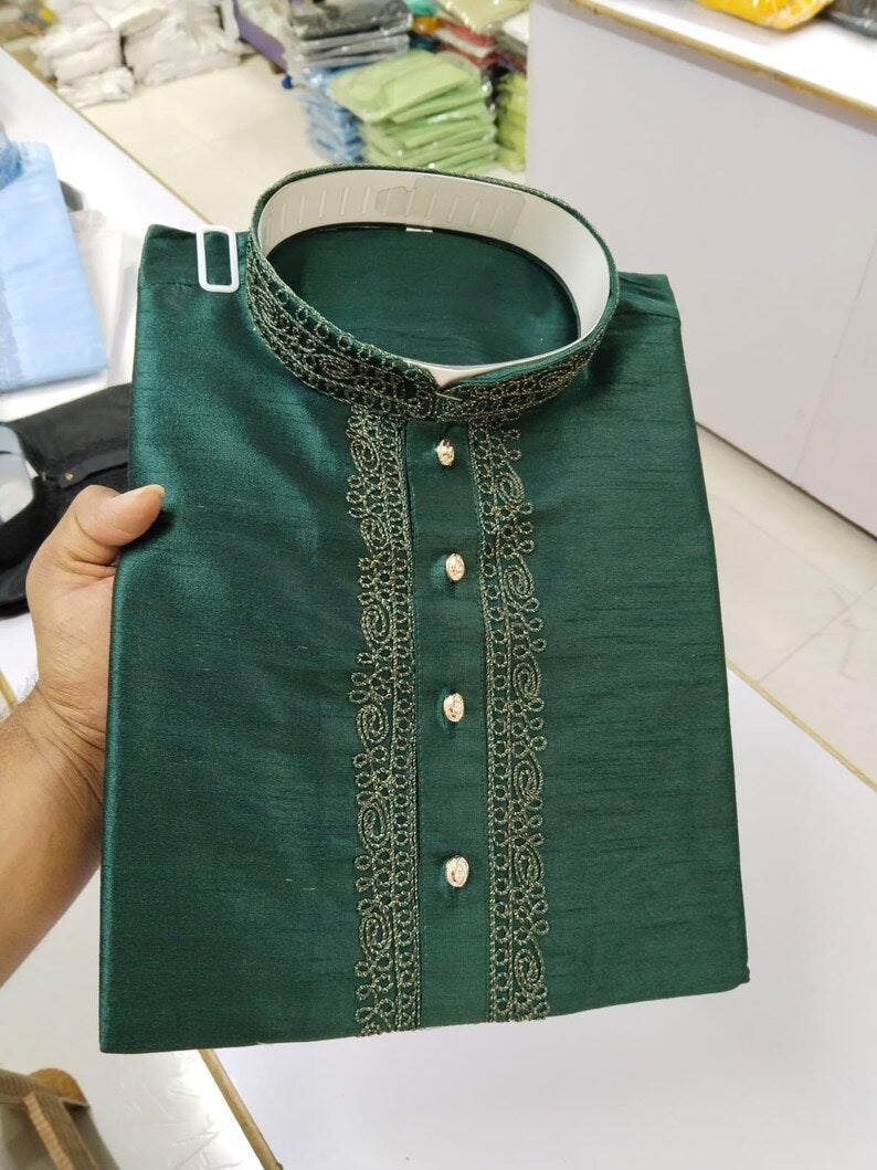 Cotton With Embroidery Work Kurta Set For Men's