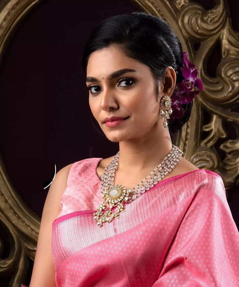 Wedding Pink Soft Lichi Silk & Jacquard Work Saree With Blouse