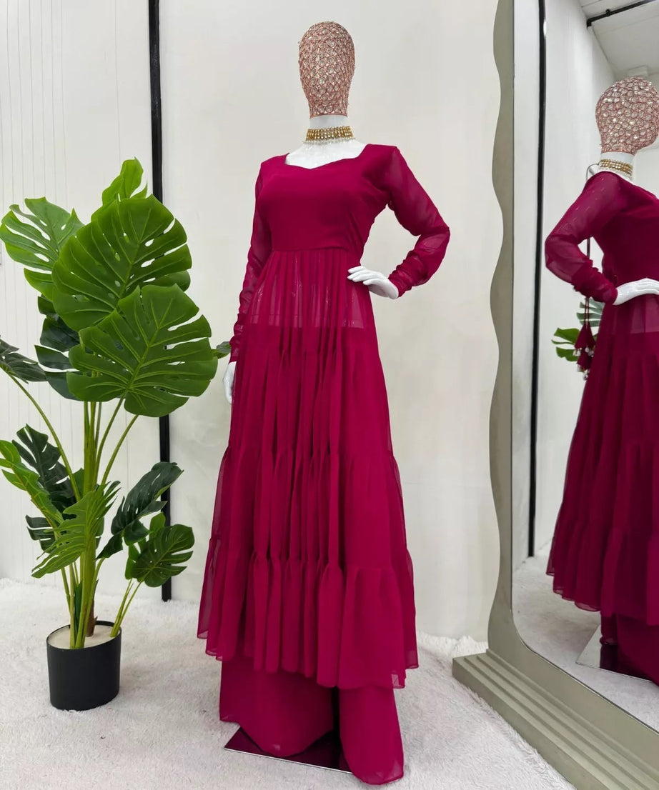 Stitched Faux Georgette Ruffle Style Anarkali Top Pant