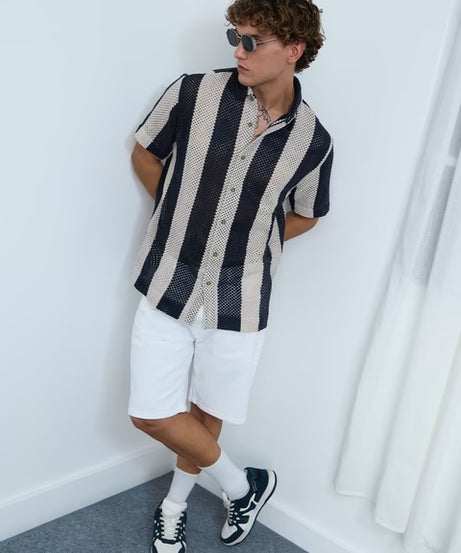 Open Knit Navy Stripes Men Textured Shirts