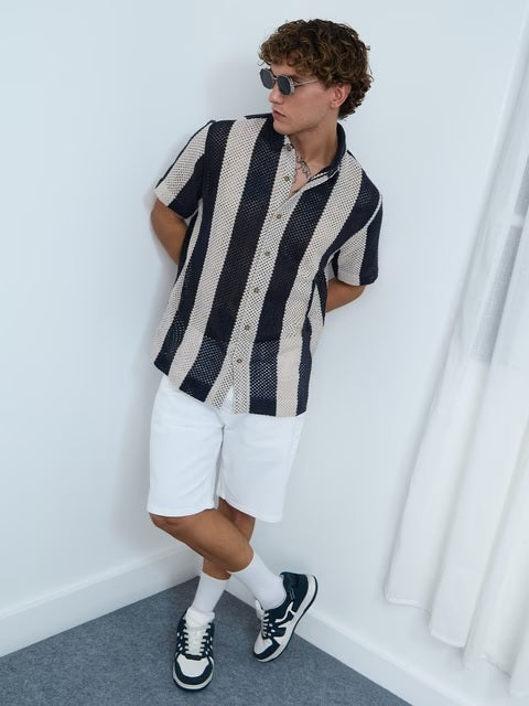 Open Knit Navy Stripes Men Textured Shirts