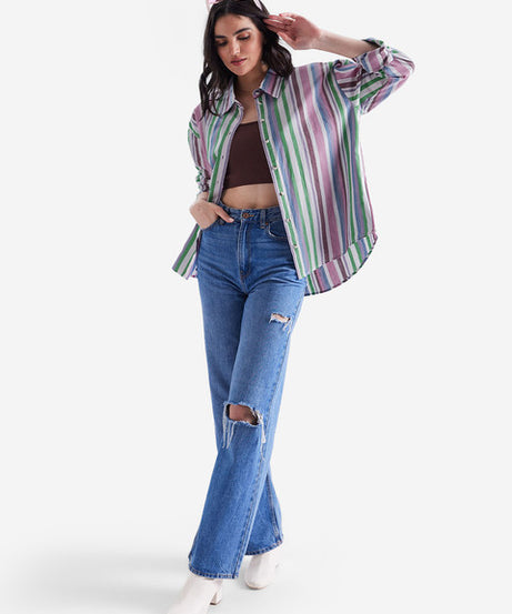 Stripes Rainbow Women Boyfriend Shirts