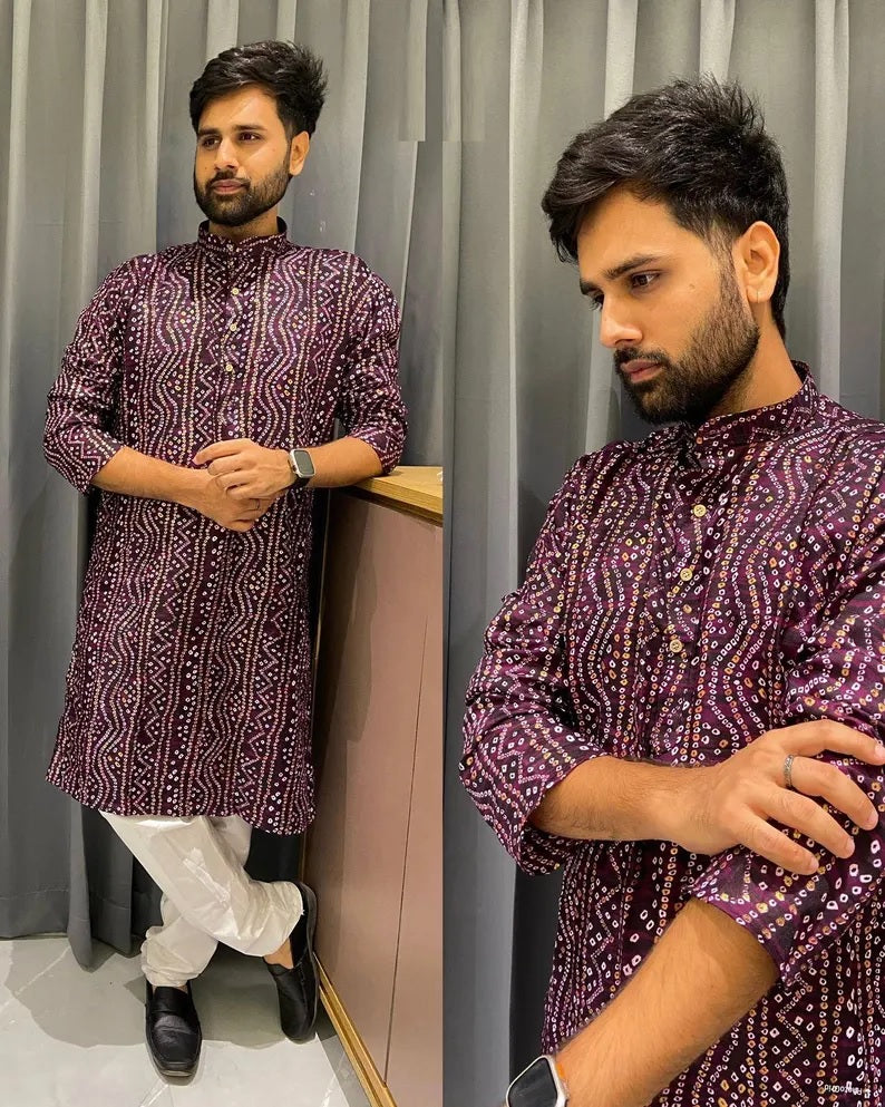Men's Cotton Bandhani Print Kurta Pajama Set