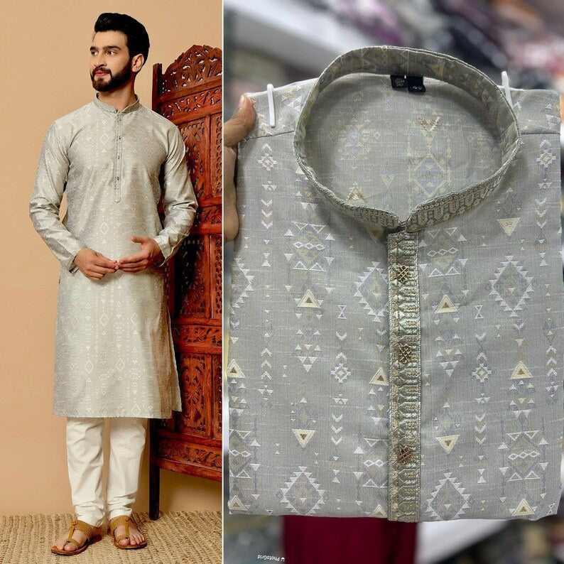 Heavy Silk Jacquard With Embroidery Kurta Pajama Set For Men's
