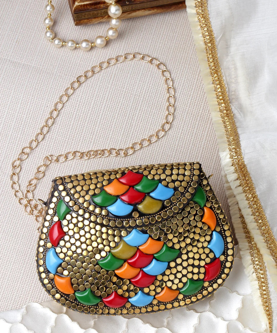 Mosaic Embellished Metal Clutch