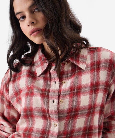 Plaid  Red, Brown and Cream Women Boyfriend Shirts