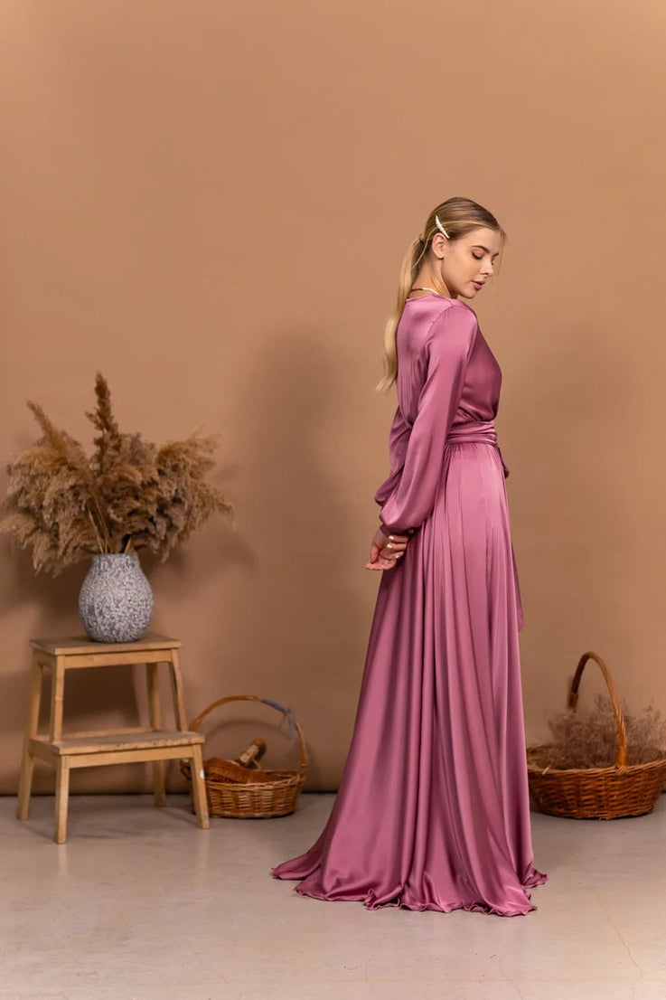 Elegant V-Neck Satin Maxi Dress - Flared A-Line Formal Gown