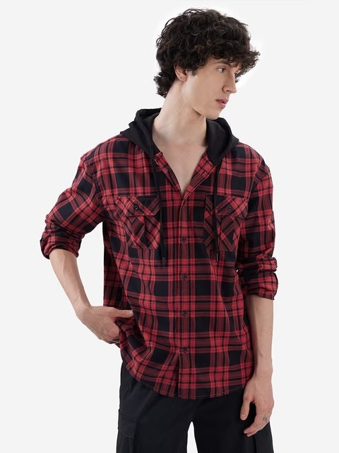 Plaids Red, Black Hooded Shirts