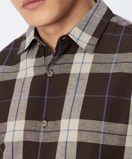 Checks Mocha Cotton Linen Shirts