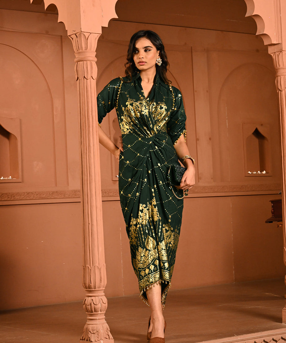 Designer Green Gold Embroidery Kaftan Dress for Women – Elegant Cocktail Party & Ethnic Fusion Wear