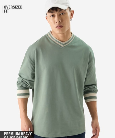 Solids Sage Green Oversized Full Sleeve T-Shirts