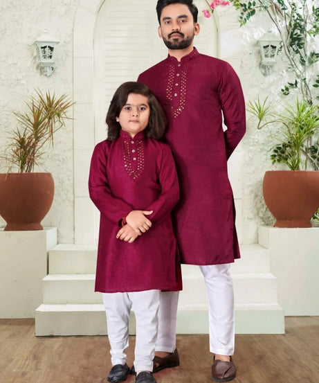 Silk Kurta Pajama Set For Men's & Kid's Combo Set